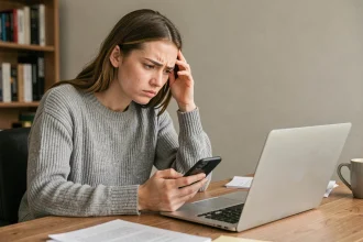 Jeune femme frustrée cherchant un numéro de téléphone Backmarket sur son ordinateur et son smartphone