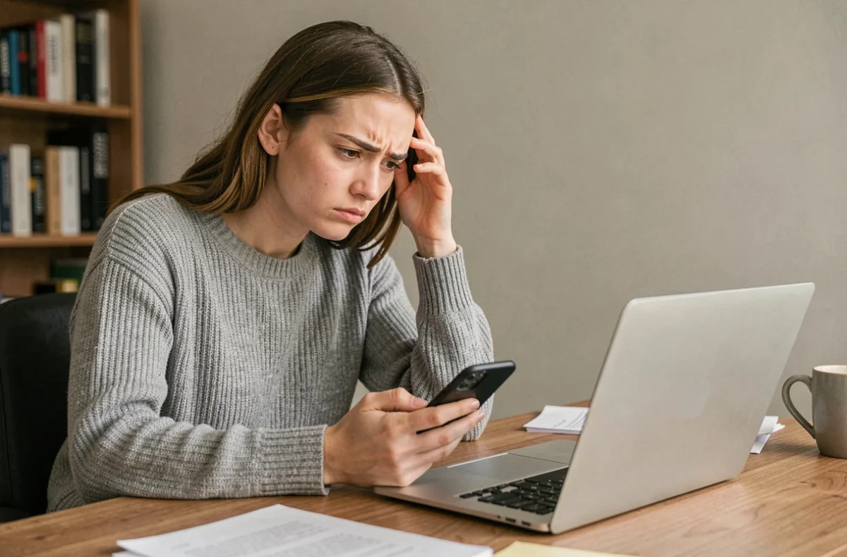 Jeune femme frustrée cherchant un numéro de téléphone Backmarket sur son ordinateur et son smartphone