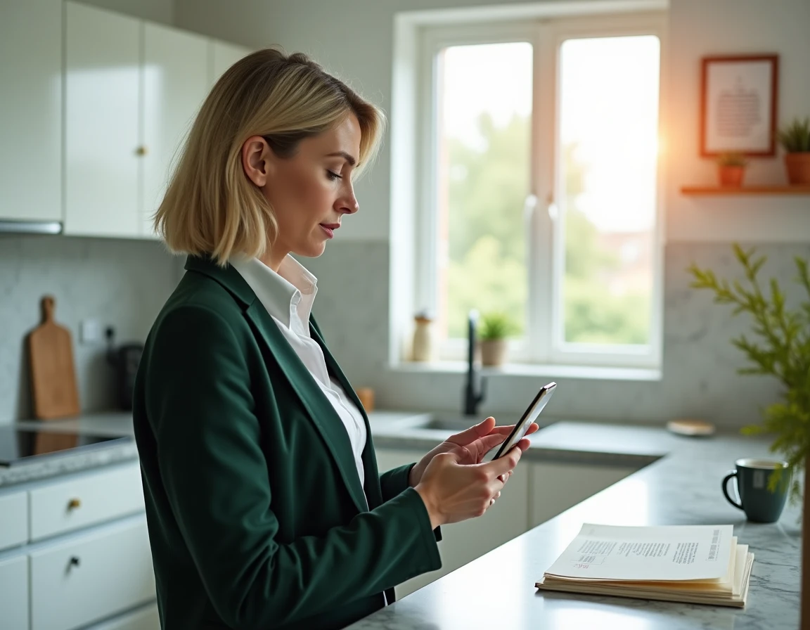 Femme consultant son téléphone et un courrier Urssaf pour comprendre un remboursement de trop-perçu