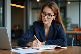 Femme en blazer navy esquissant des idées dans un bureau moderne
