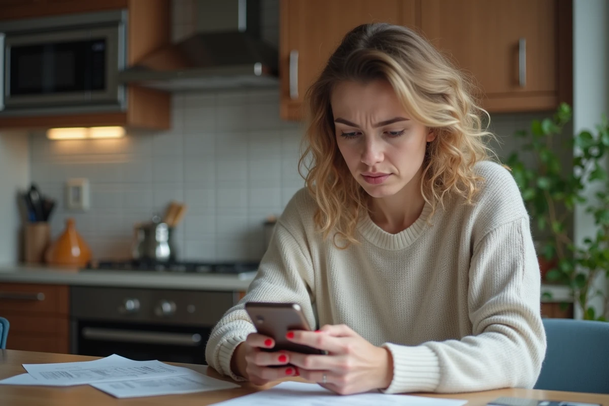 Jeune femme lisant des conseils financiers &agrave; la cuisine