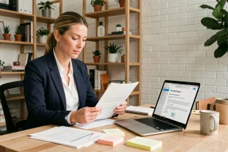 Femme freelance en télétravail révisant un contrat de mission administrative dans son bureau à domicile