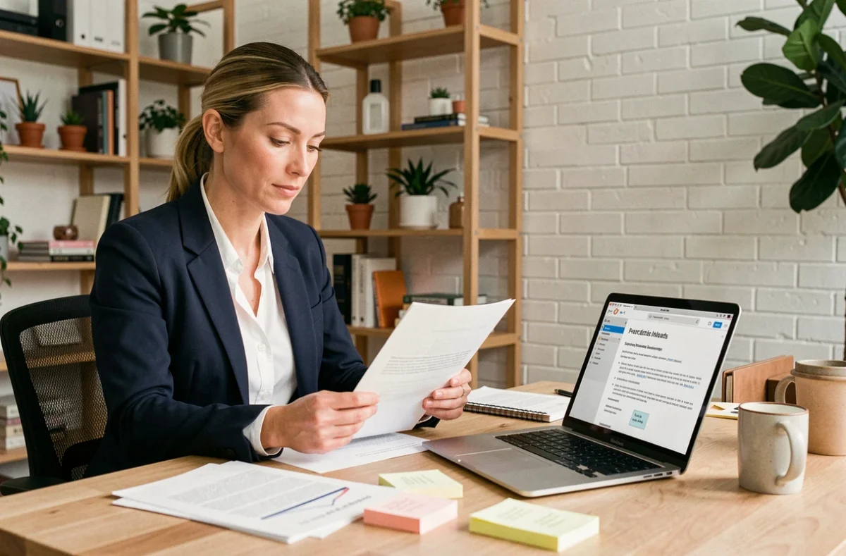 Femme freelance en télétravail révisant un contrat de mission administrative dans son bureau à domicile