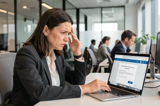 Femme frustrée devant un écran d'erreur d'extranet en open space professionnel
