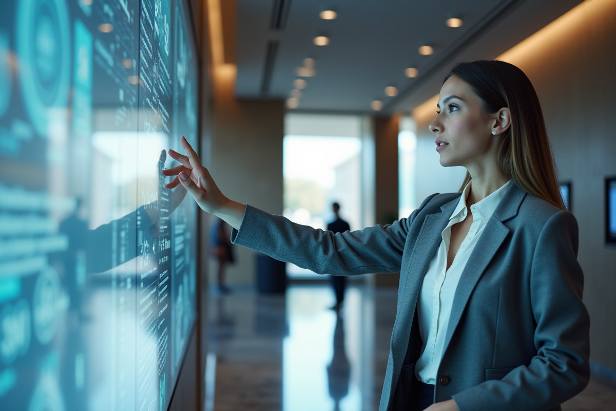 Jeune femme utilisant un écran tactile dans un lobby hightech