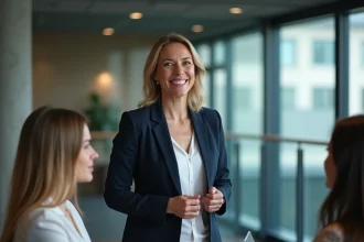 Femme leader en blazer marine animant une réunion d'équipe dans un bureau moderne avec vue sur la ville