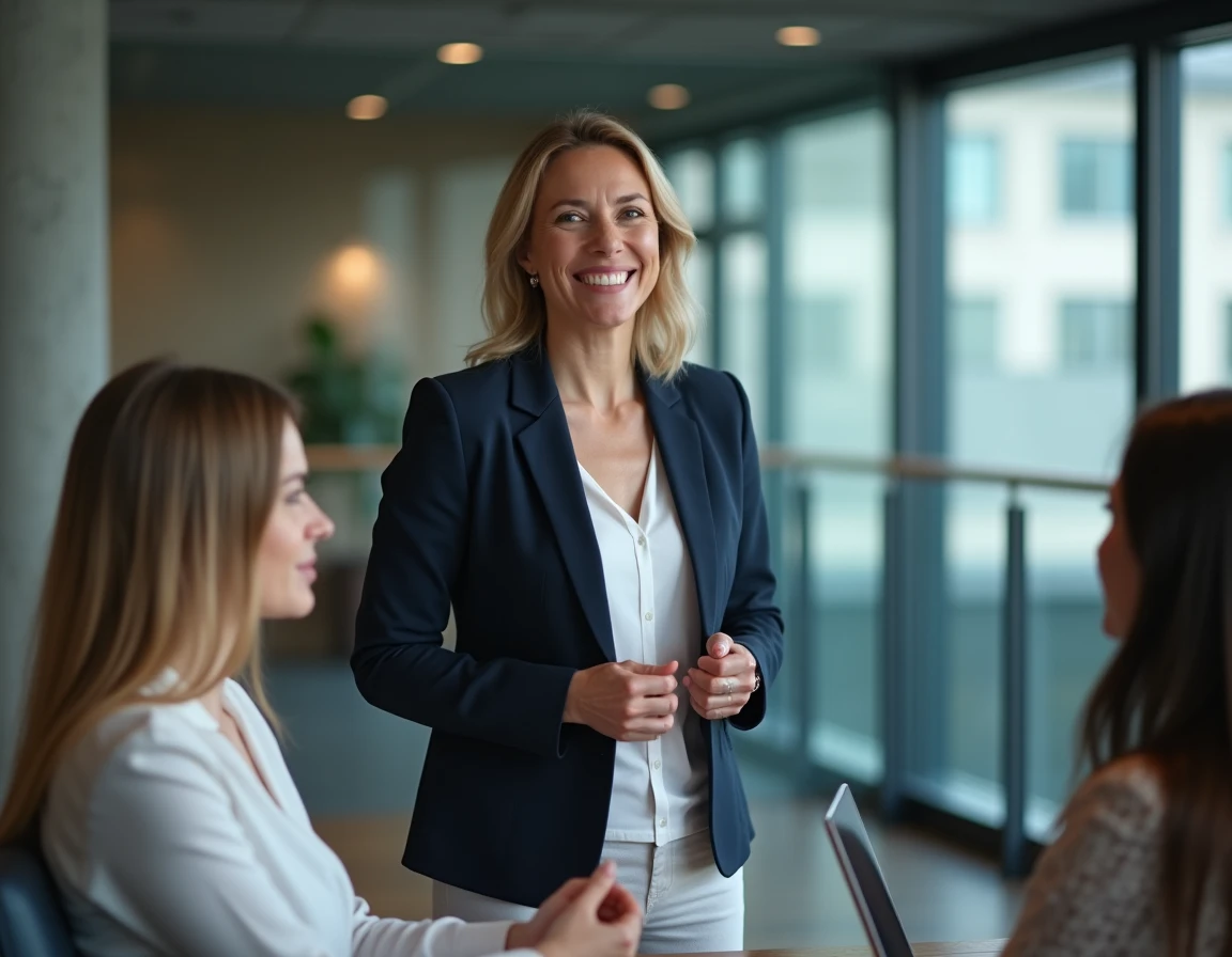 Femme leader en blazer marine animant une réunion d'équipe dans un bureau moderne avec vue sur la ville