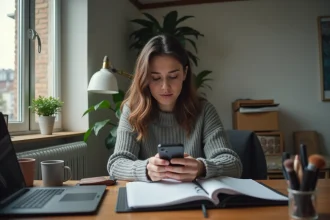 Jeune femme frustrée sur son ordinateur dans un appartement