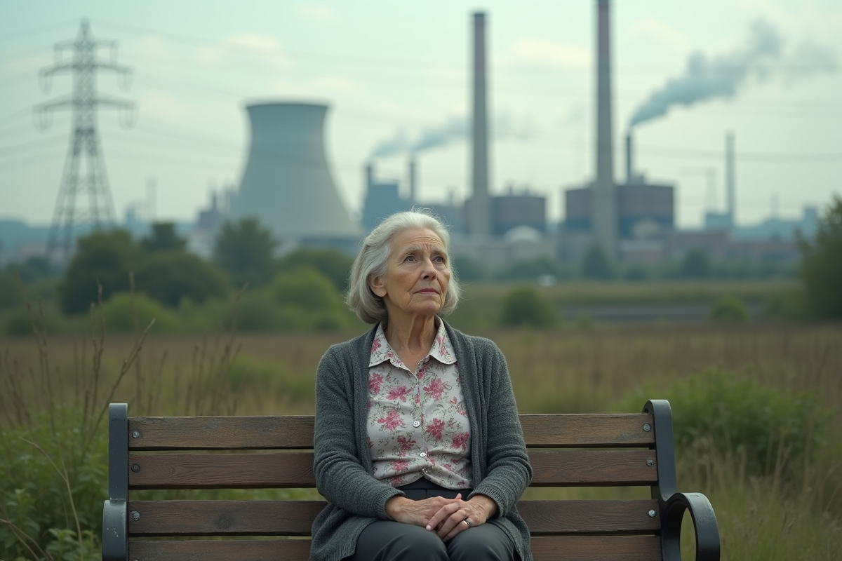 Femme agee assise dans un parc industriel contemplant la pollution