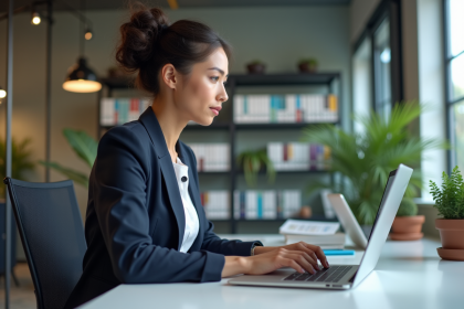 Jeune femme professionnelle travaillant sur un ordinateur dans un bureau moderne