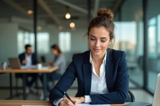 Femme professionnelle analysant des graphiques financiers pour préparer ses arguments chiffrés en vue d'une demande d'augmentation salariale