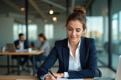 Femme professionnelle analysant des graphiques financiers pour préparer ses arguments chiffrés en vue d'une demande d'augmentation salariale