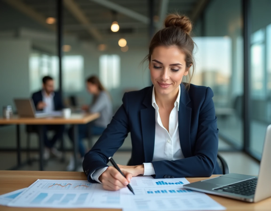 Femme professionnelle analysant des graphiques financiers pour préparer ses arguments chiffrés en vue d'une demande d'augmentation salariale