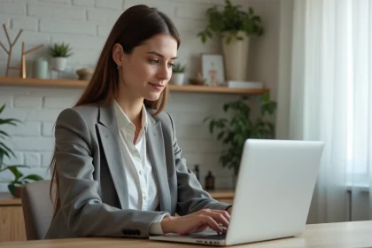 Jeune femme professionnelle utilisant un ordinateur dans un bureau moderne