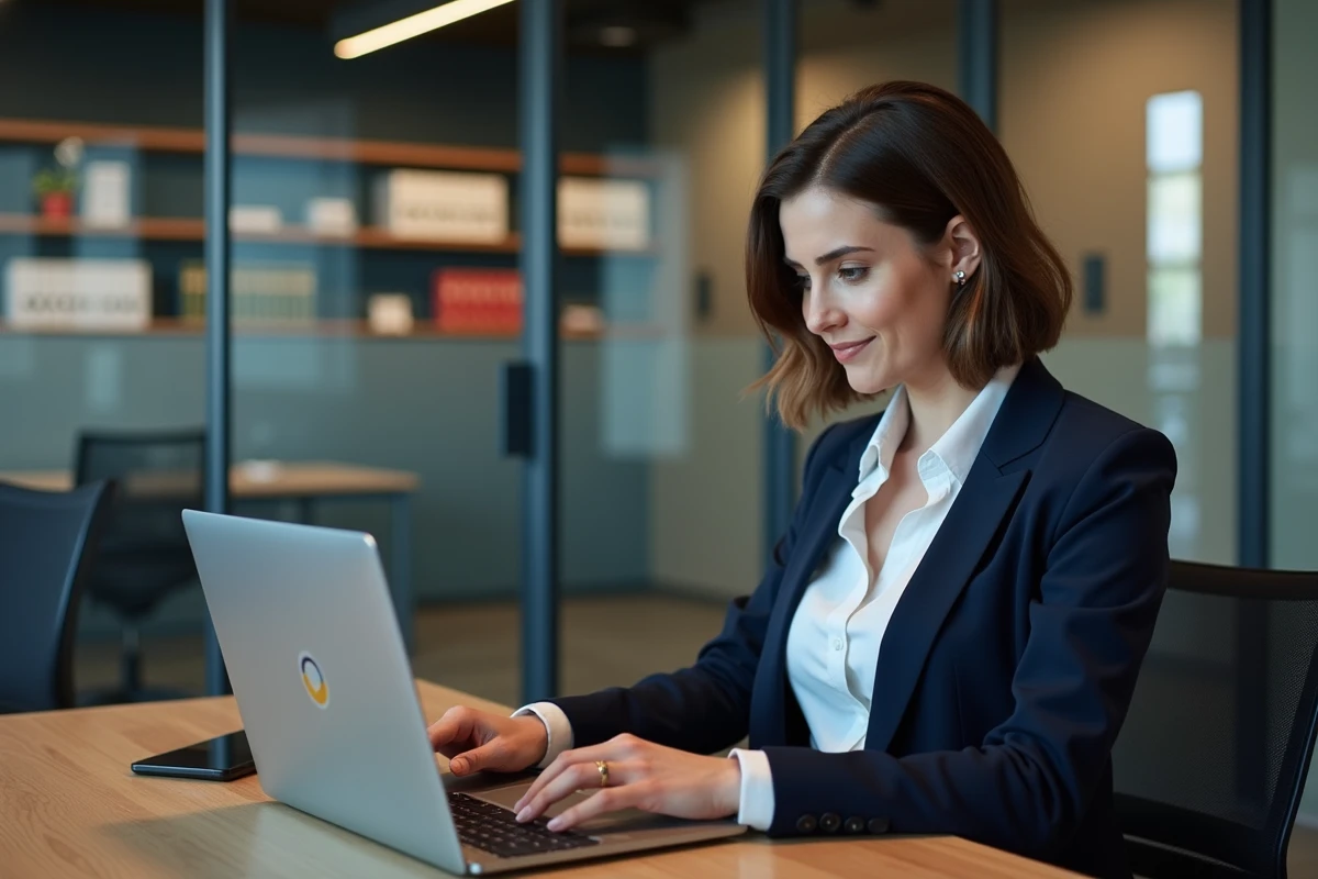 Femme d'affaires au bureau avec tableau de bord