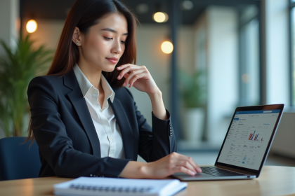 Jeune femme professionnelle utilisant un CRM au bureau