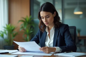 Femme professionnelle examinant des documents au bureau