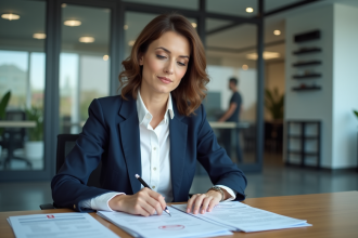 Femme professionnelle en blazer navy examine des documents confidentiels