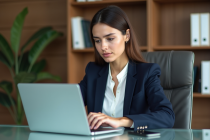 Jeune femme en blazer lisant des termes juridiques sur son ordinateur