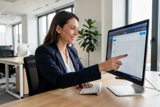 Femme professionnelle explorant les fonctionnalités cachées du logiciel SmartRH sur son ordinateur de bureau en open space
