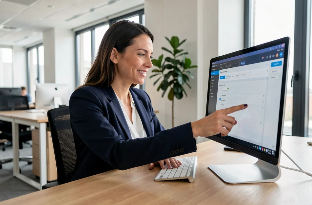 Femme professionnelle explorant les fonctionnalités cachées du logiciel SmartRH sur son ordinateur de bureau en open space