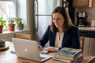 Jeune femme en bureau avec ordinateur et livres de psychologie
