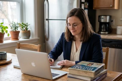 Jeune femme en bureau avec ordinateur et livres de psychologie