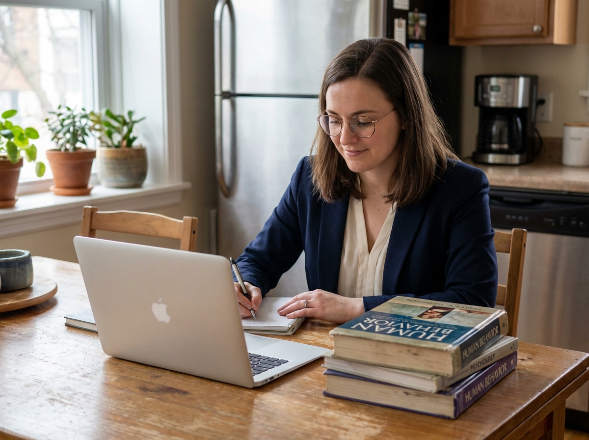 Jeune femme en bureau avec ordinateur et livres de psychologie