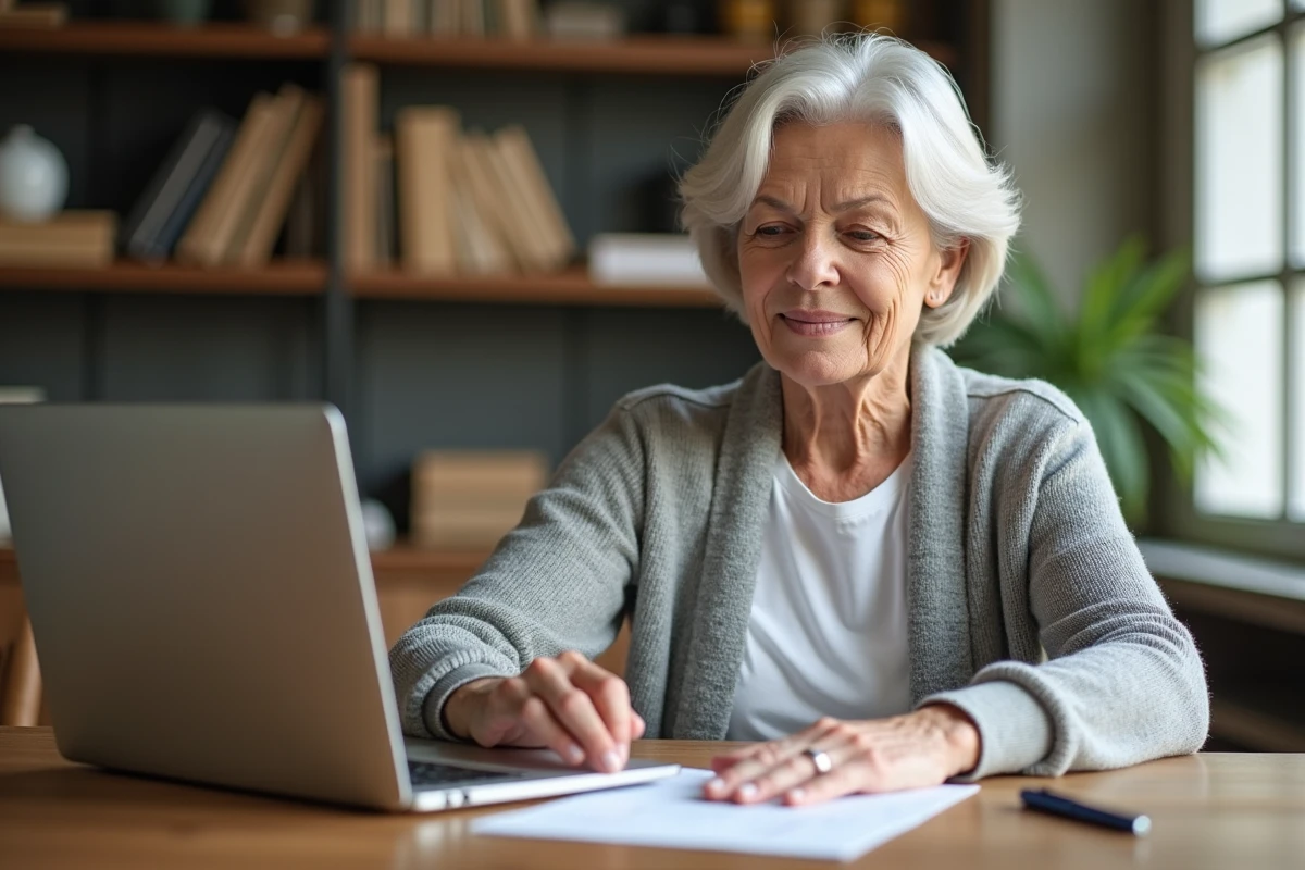 Femme mature complétant une réclamation en ligne sur DHL depuis son espace salle à manger avec une étiquette d'expédition
