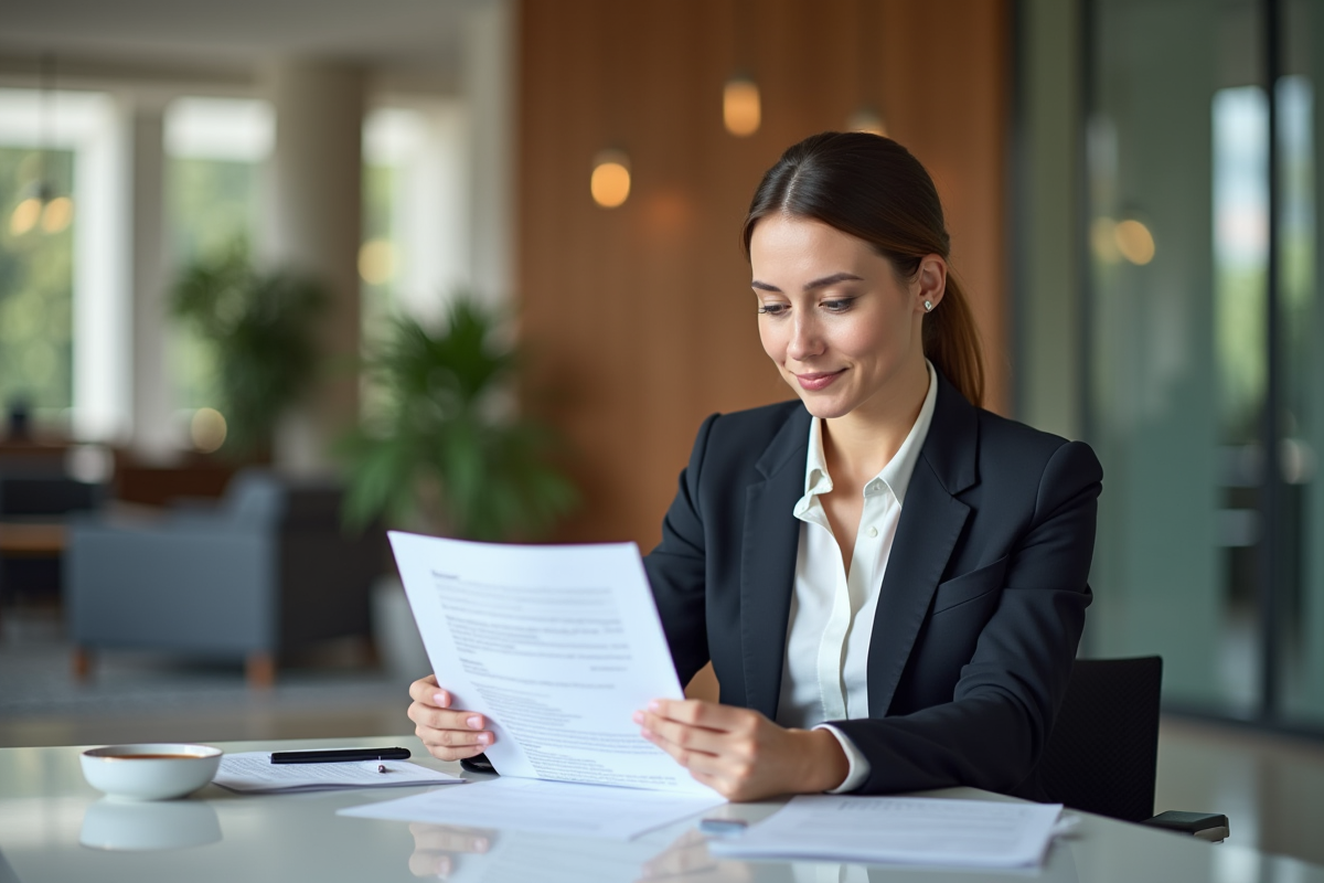Femme en costume professionnel examine son CV dans un bureau lumineux
