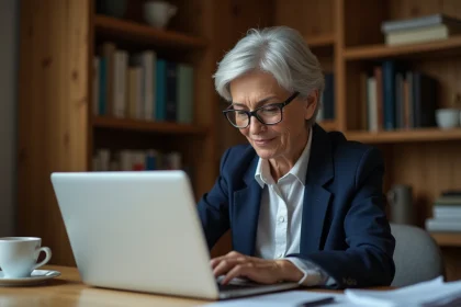 Femme senior concentrée sur sa recherche d'emploi en ligne depuis son bureau à domicile