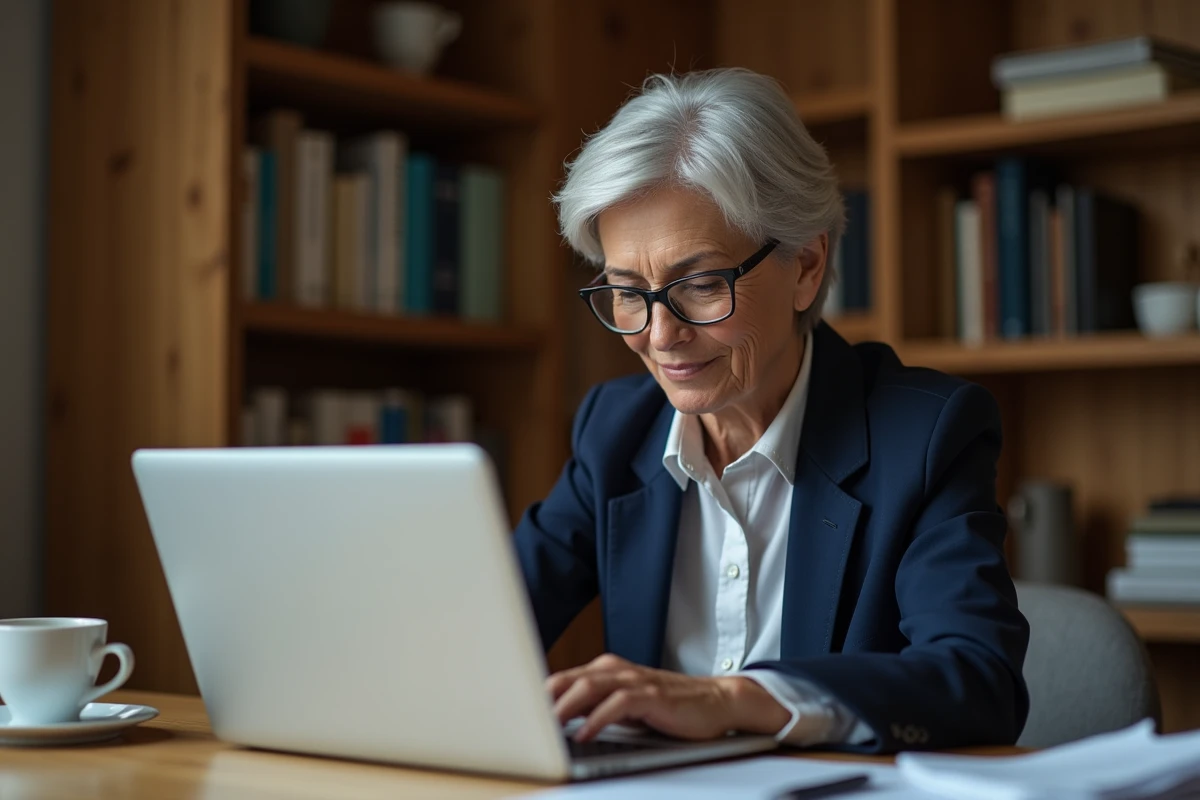 Femme senior concentrée sur sa recherche d'emploi en ligne depuis son bureau à domicile