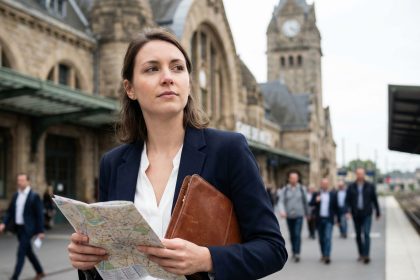 Jeune femme à la gare de Metz vérifiant une carte