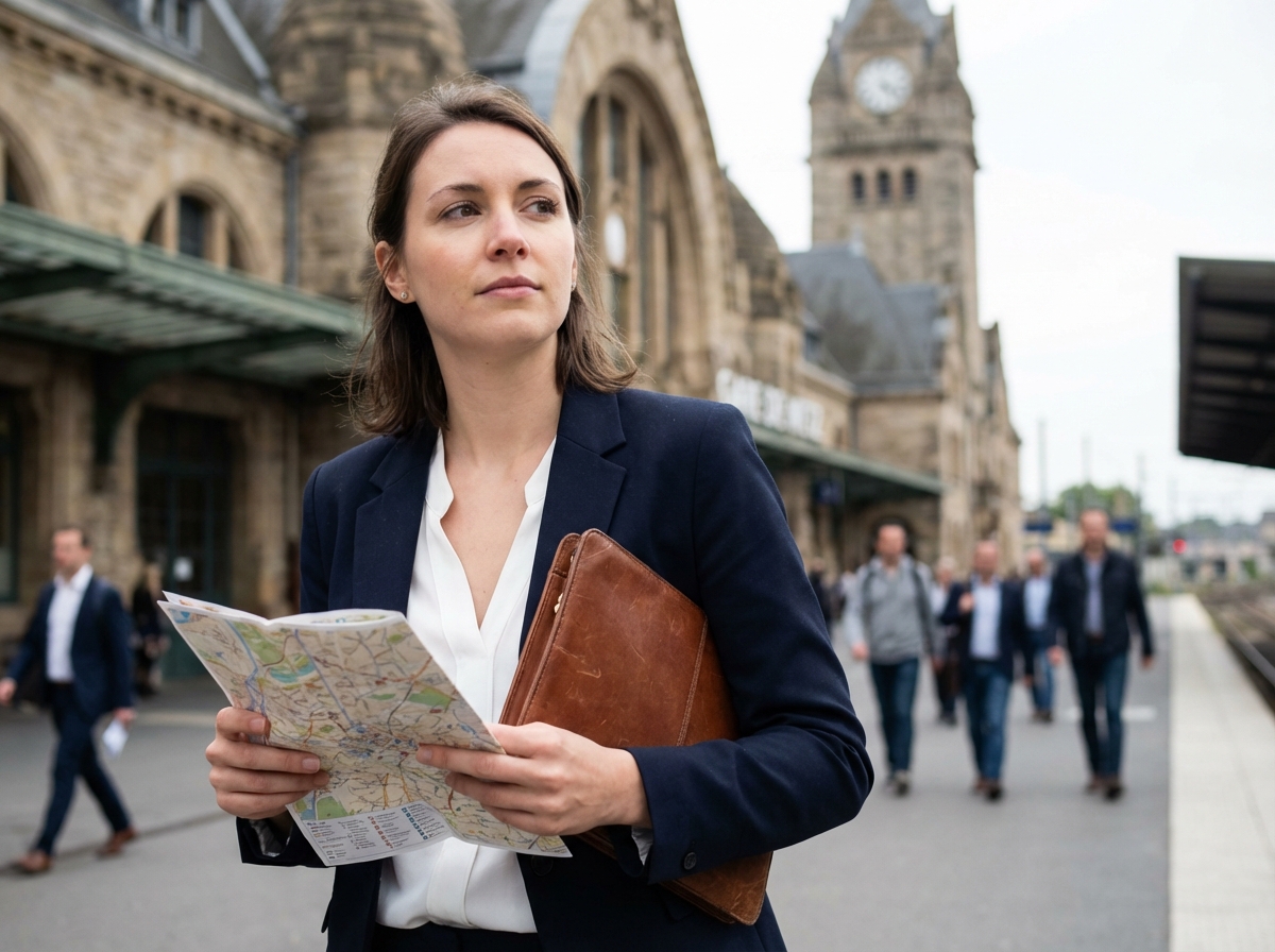 Jeune femme à la gare de Metz vérifiant une carte
