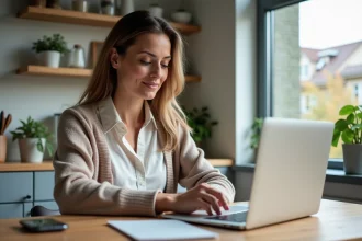 Femme concentrée remplissant un sondage sur son ordinateur dans la cuisine