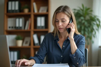 Femme au téléphone consultant des documents administratifs pour contacter l'Urssaf concernant un remboursement
