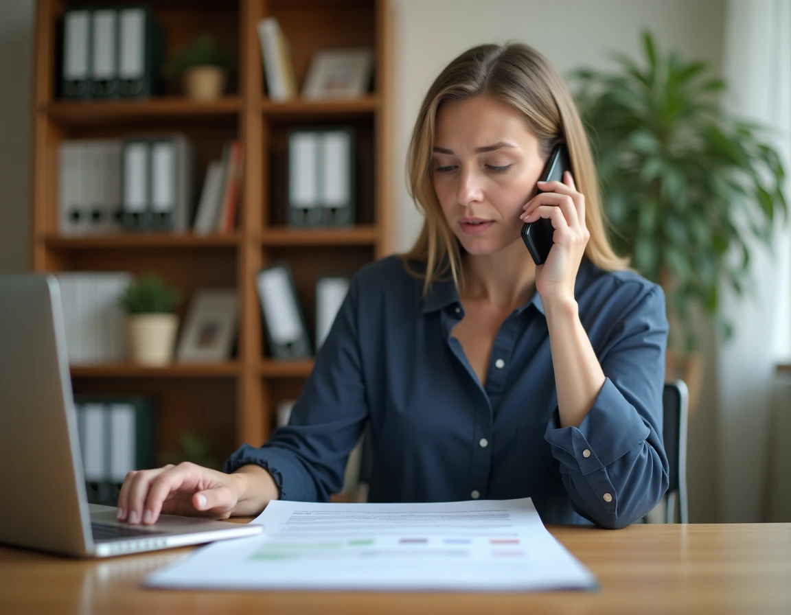 Femme au téléphone consultant des documents administratifs pour contacter l'Urssaf concernant un remboursement