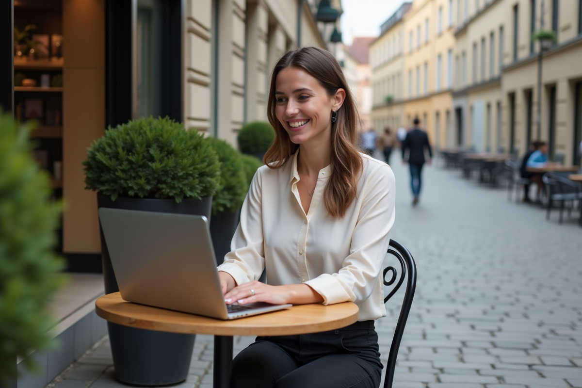 Jeune femme travaillant sur un ordinateur dans un café urbain