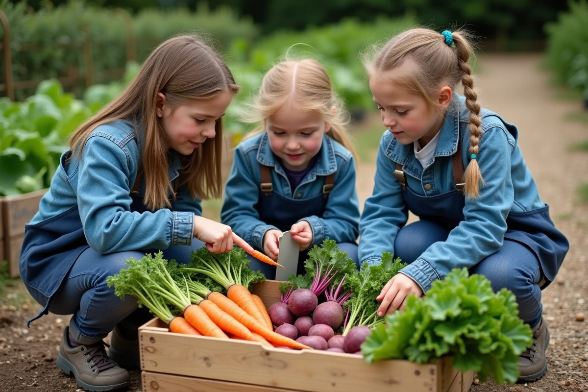 Deux fillettes apprenant à reconnaître les légumes du potager lors d'une animation pédagogique à la ferme