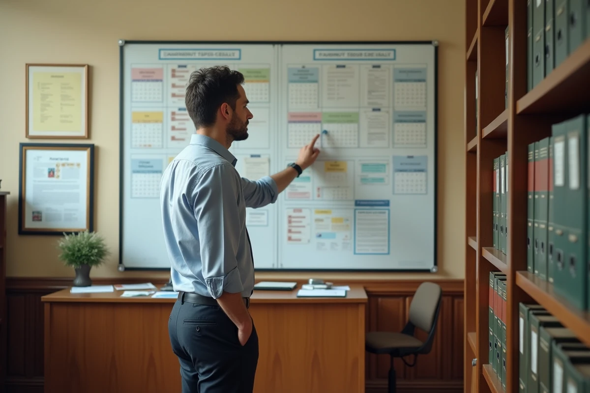 Fonctionnaire de la fonction publique devant un tableau de planification annuelle des jours ouvrés