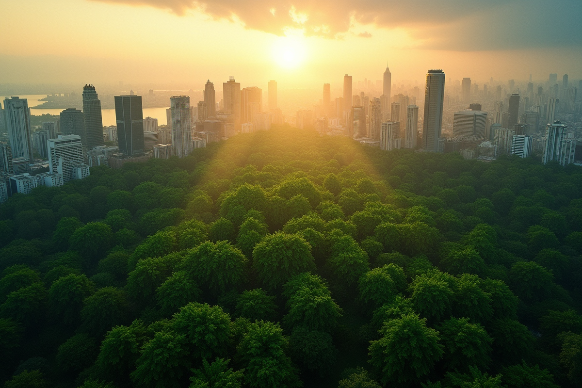 Forêt verte fusionnant avec une ville moderne au coucher du soleil