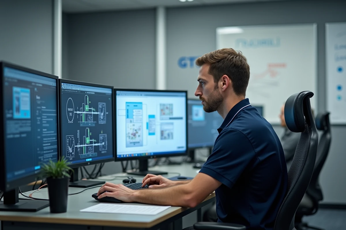 Technicien en formation GTB assis devant un poste de supervision de gestion technique du bâtiment avec schémas HVAC sur écrans