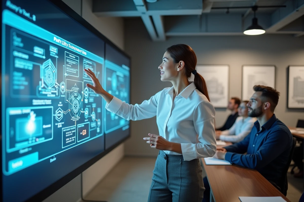 Formatrice présentant une topologie réseau GTB sur écran interactif lors d'une session de formation en gestion technique du bâtiment