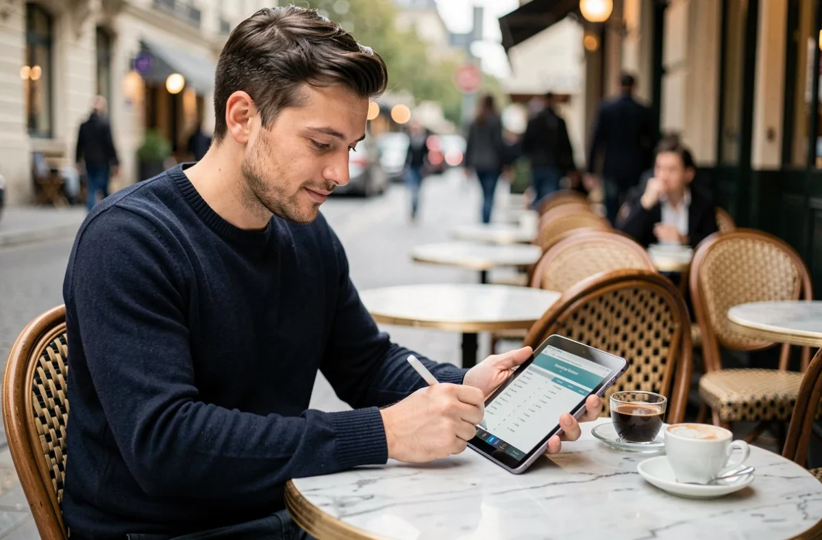 Jeune freelance en terrasse de café consultant un tableau de calcul de taux horaire sur une tablette numérique