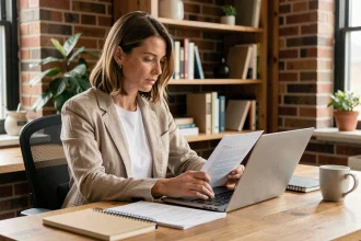 Femme freelance en home office analysant des contrats et calculant son taux horaire sur un ordinateur portable