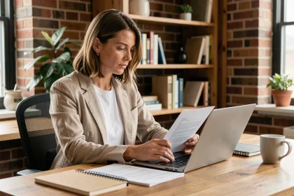 Femme freelance en home office analysant des contrats et calculant son taux horaire sur un ordinateur portable