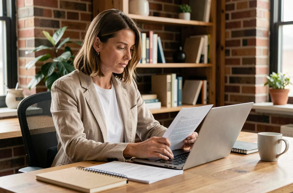 Femme freelance en home office analysant des contrats et calculant son taux horaire sur un ordinateur portable
