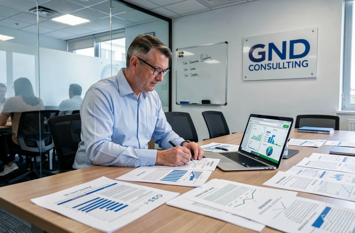 Consultant de GND Consulting révisant des rapports d'audit SEO imprimés sur une table de réunion dans un bureau professionnel