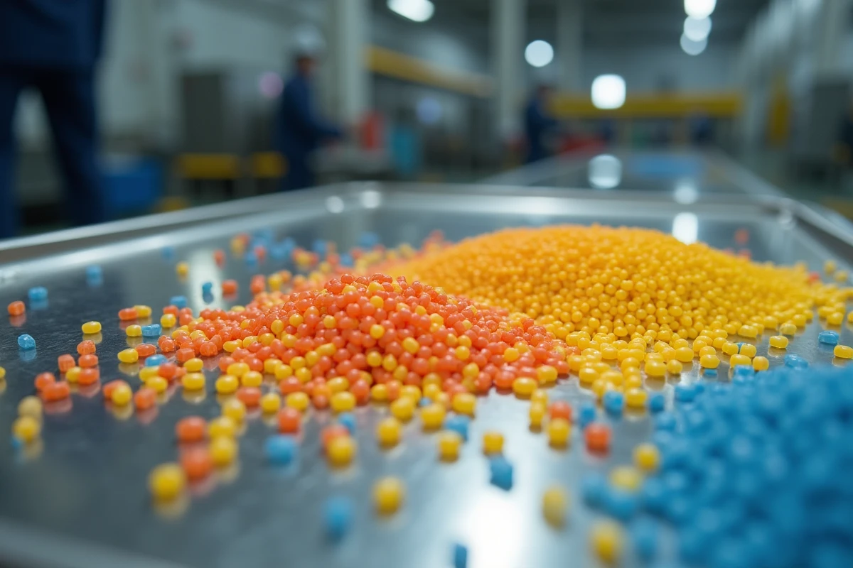 Granulés de plastique ABS colorés en rouge, jaune et bleu sur un plateau en acier inoxydable dans une usine de fabrication de jouets Playmobil