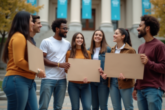 Groupe divers d'adultes en action civique devant la mairie